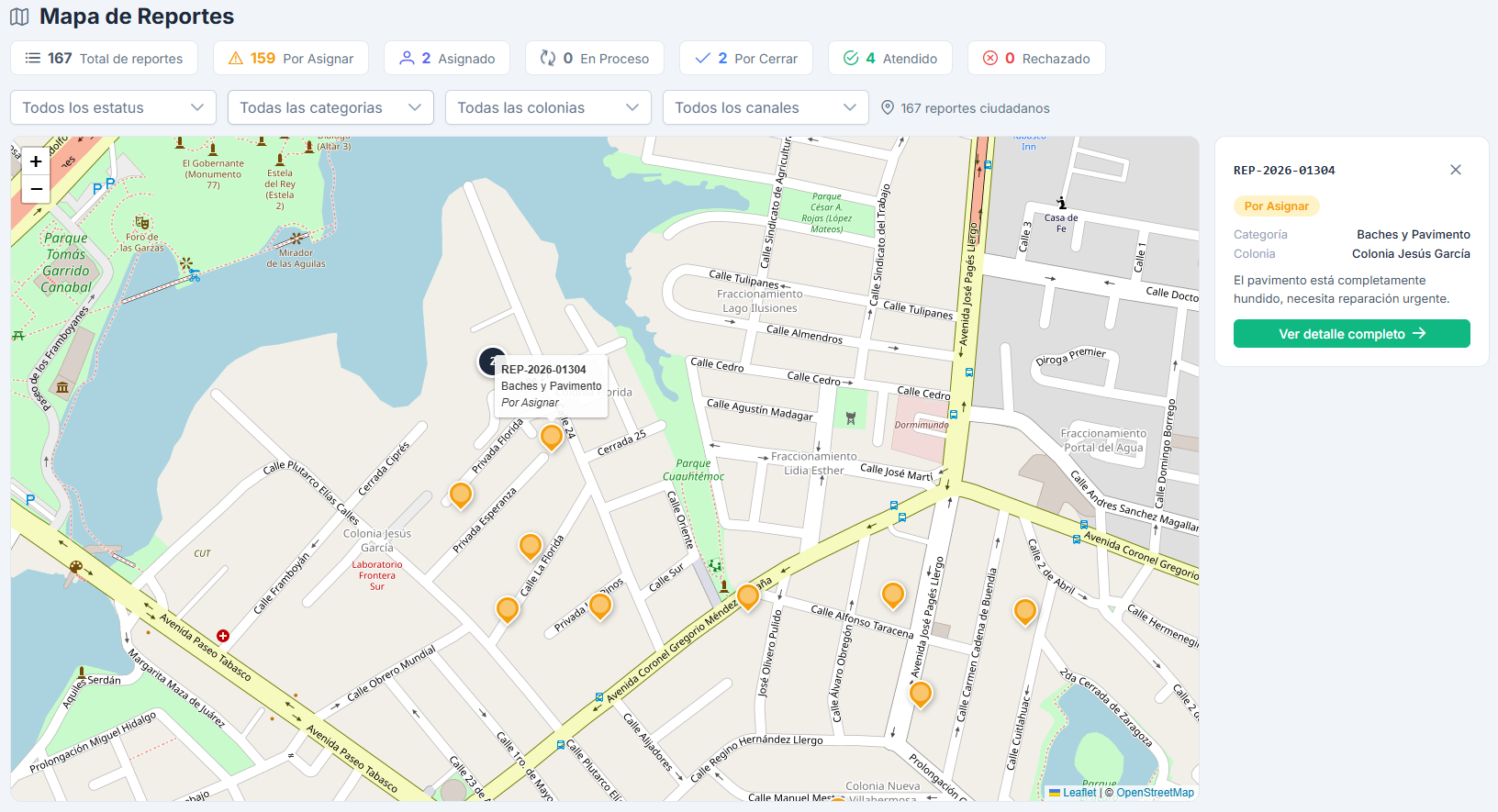 Consola de Reportes Ciudadanos de Kova — vista de mapa