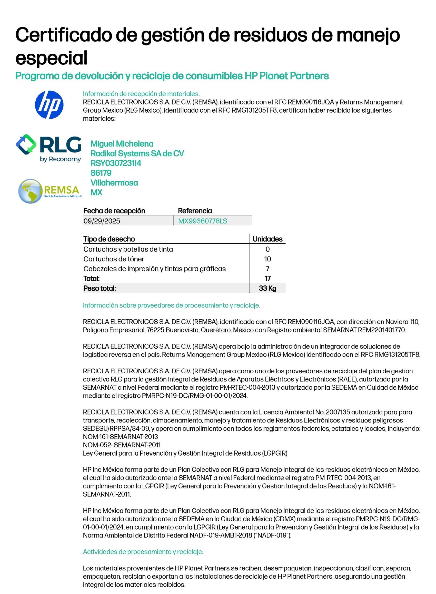 Certificado HP Planet Partners del 29 de septiembre de 2025, página 2 de 3