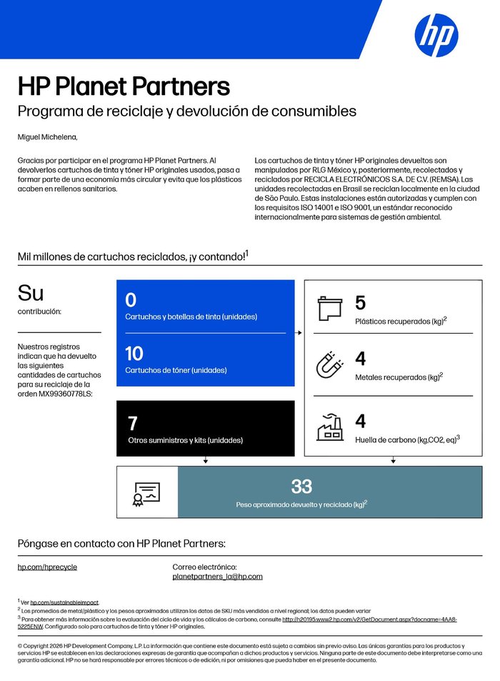 Certificado HP Planet Partners del 29 de septiembre de 2025